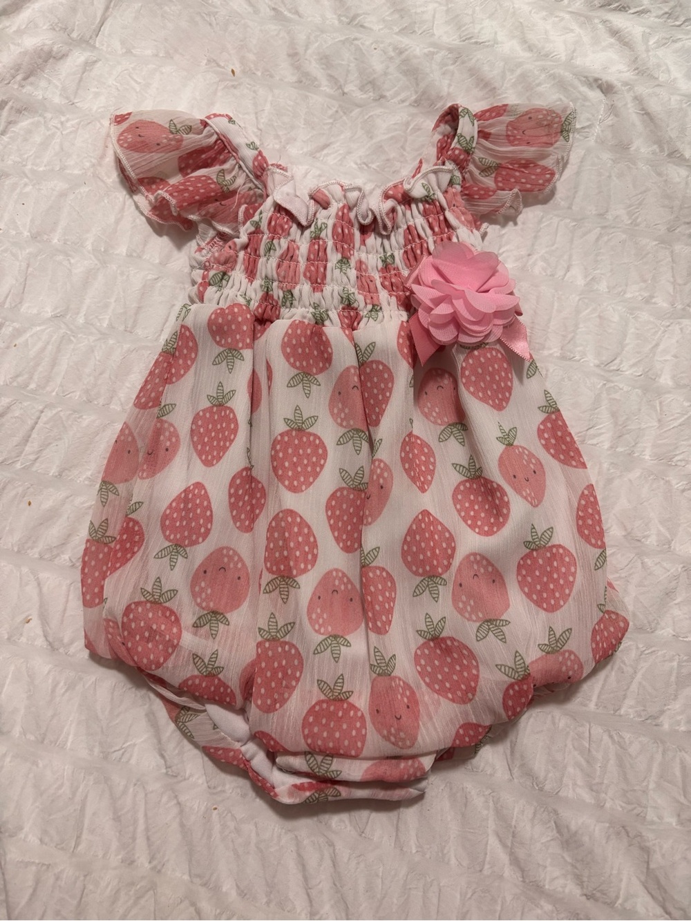 Baby Girl Strawberry Print Romper Dress with Ruffle Sleeves
